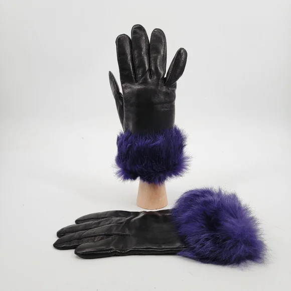 Wilsons Black Leather Purple Fur Cuff Gloves Women's Size Medium Winter Classic - Picture 2 of 9